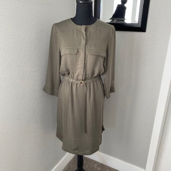 H and M Olive Green Long Sleeve Belted Shirt Dress Size 10 - Picture 2 of 11